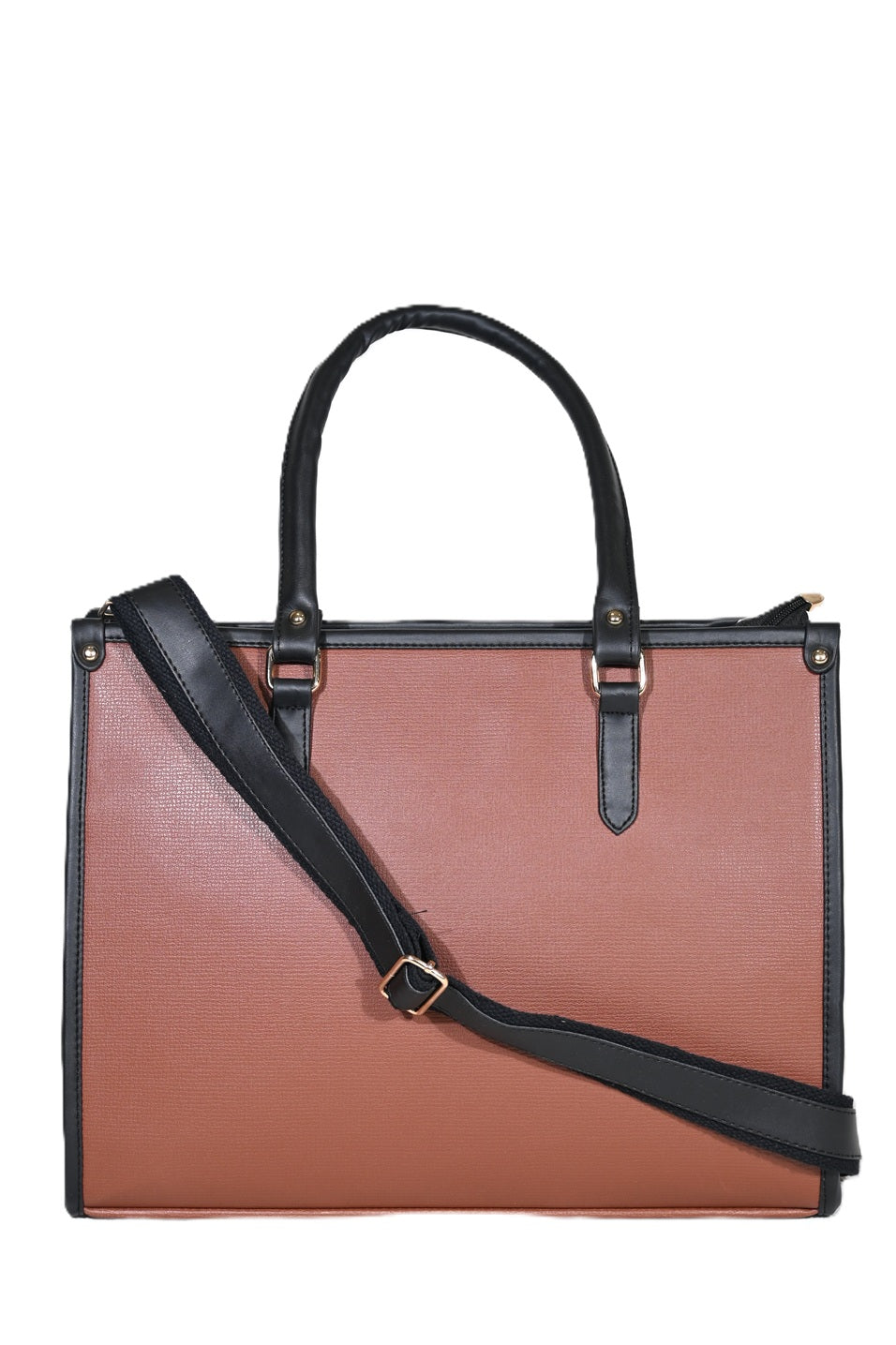 Brown leather handbag with black handles and adjustable shoulder strap