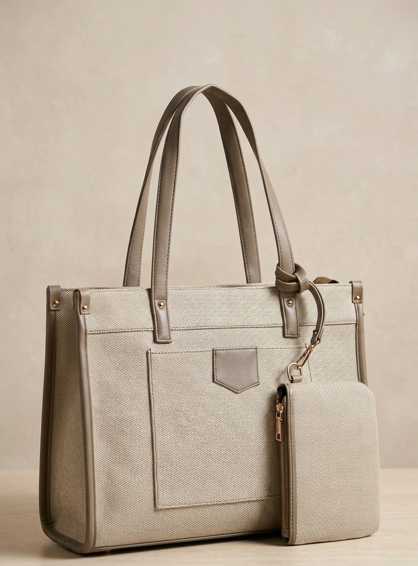 Beige tote handbag with front pocket, double handles, and matching zip pouch on wood surface