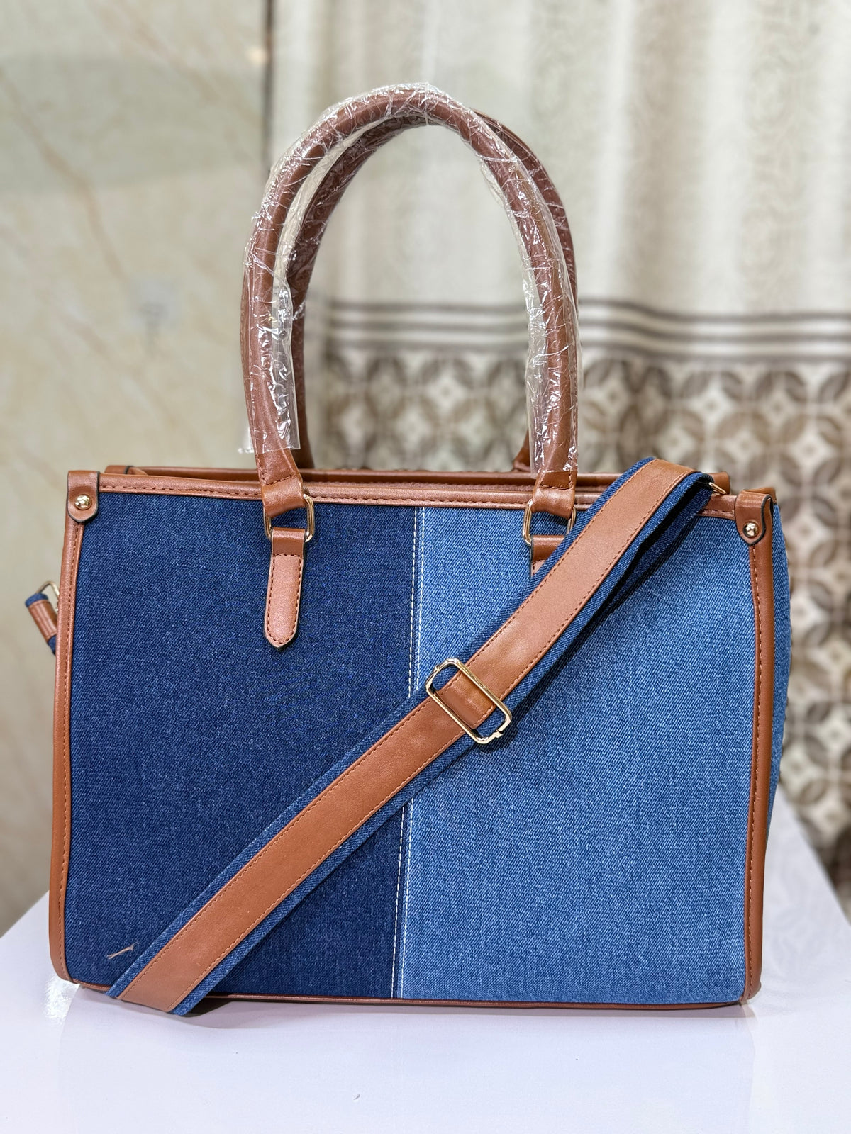 Two toned denim luxe tote