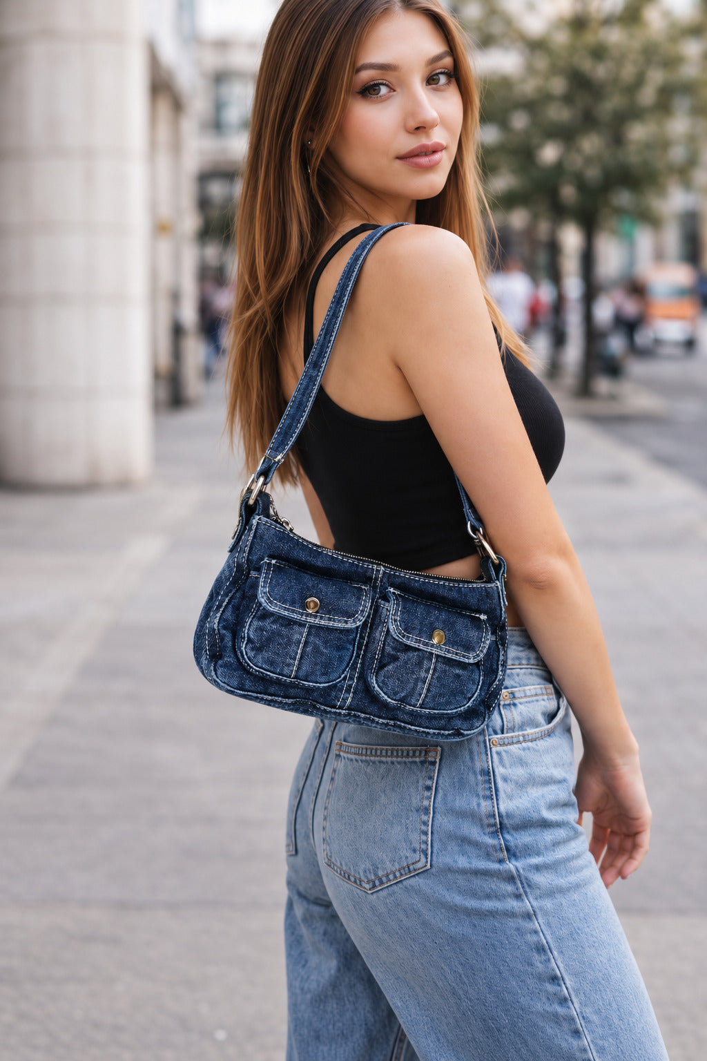 Retro Muse Double Pocket Denim Shoulder Bag