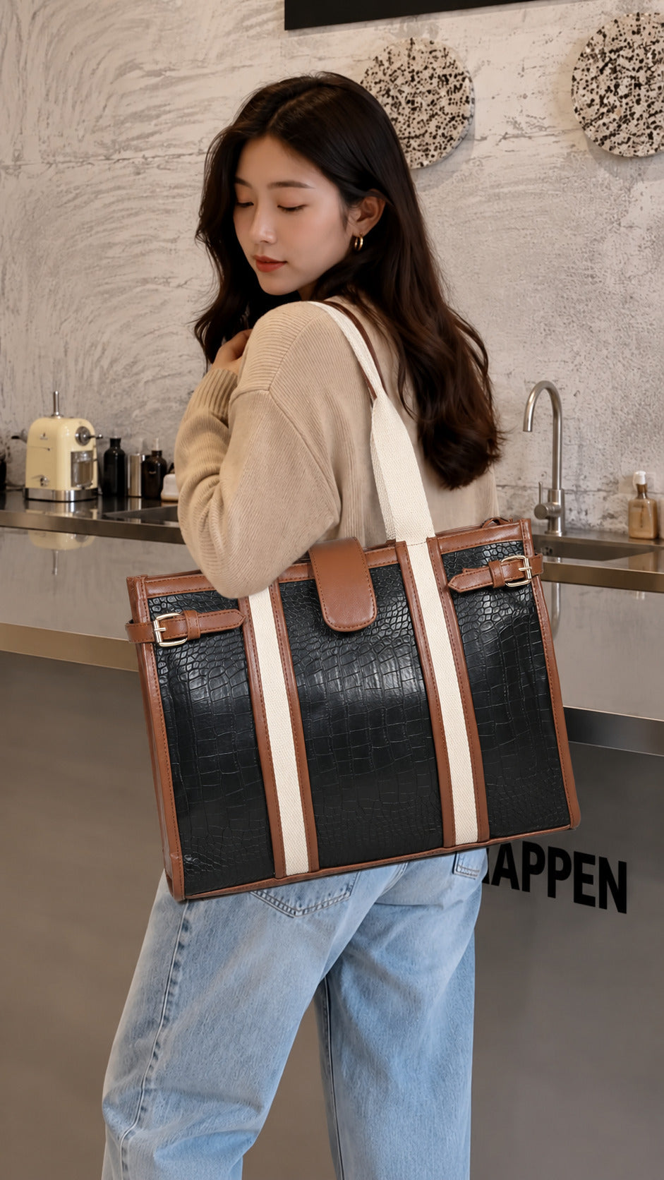 Luxury Croc Embossed Tote Bag with Elegant Buckle Detailing