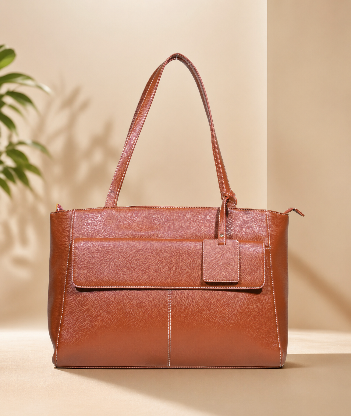 Women’s Faux Leather Tote Bag with Front Pocket & Zip Closure