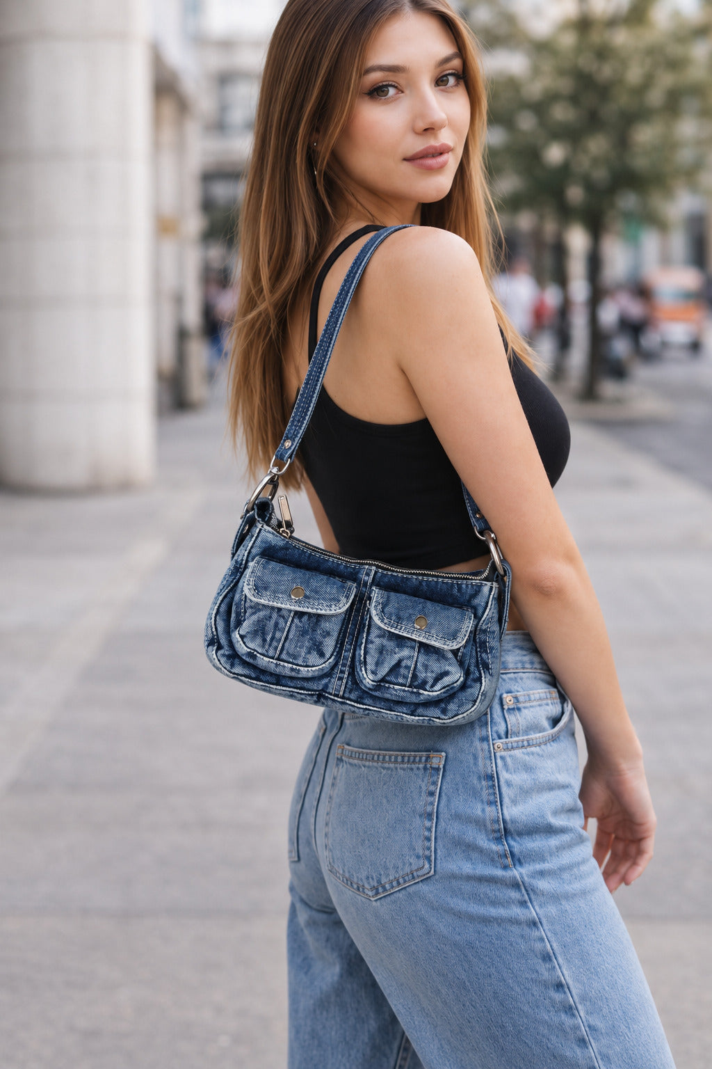 Vintage Denim Double Pocket Shoulder Bag