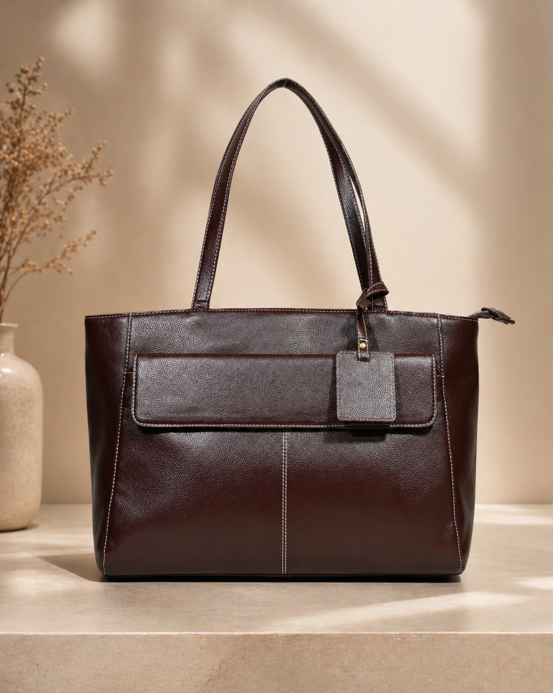 Women’s Faux Leather Tote Bag with Front Pocket & Zip Closure