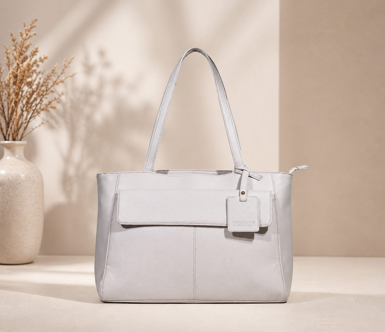 Women’s Faux Leather Tote Bag with Front Pocket & Zip Closure