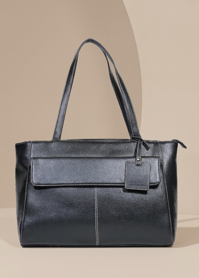 Women’s Faux Leather Tote Bag with Front Pocket & Zip Closure