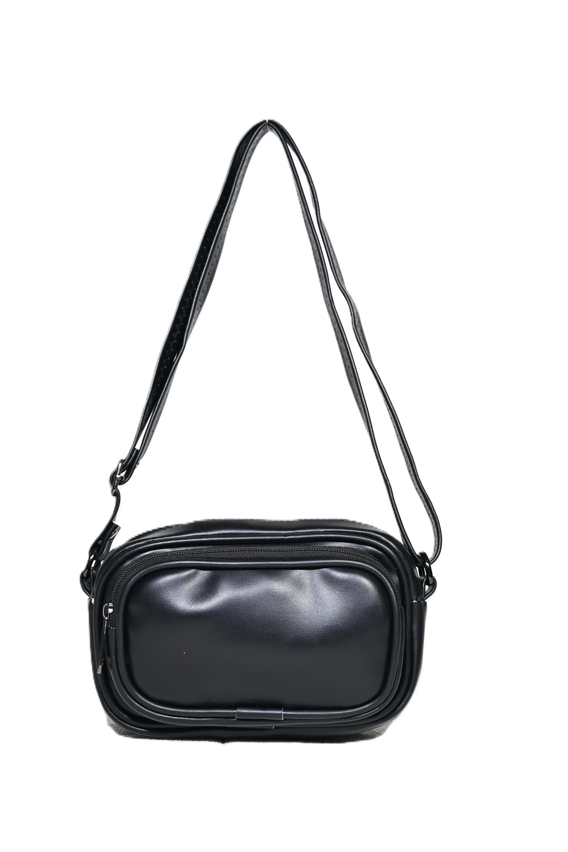 Black leather shoulder bag with front zipper pocket and adjustable strap on white background