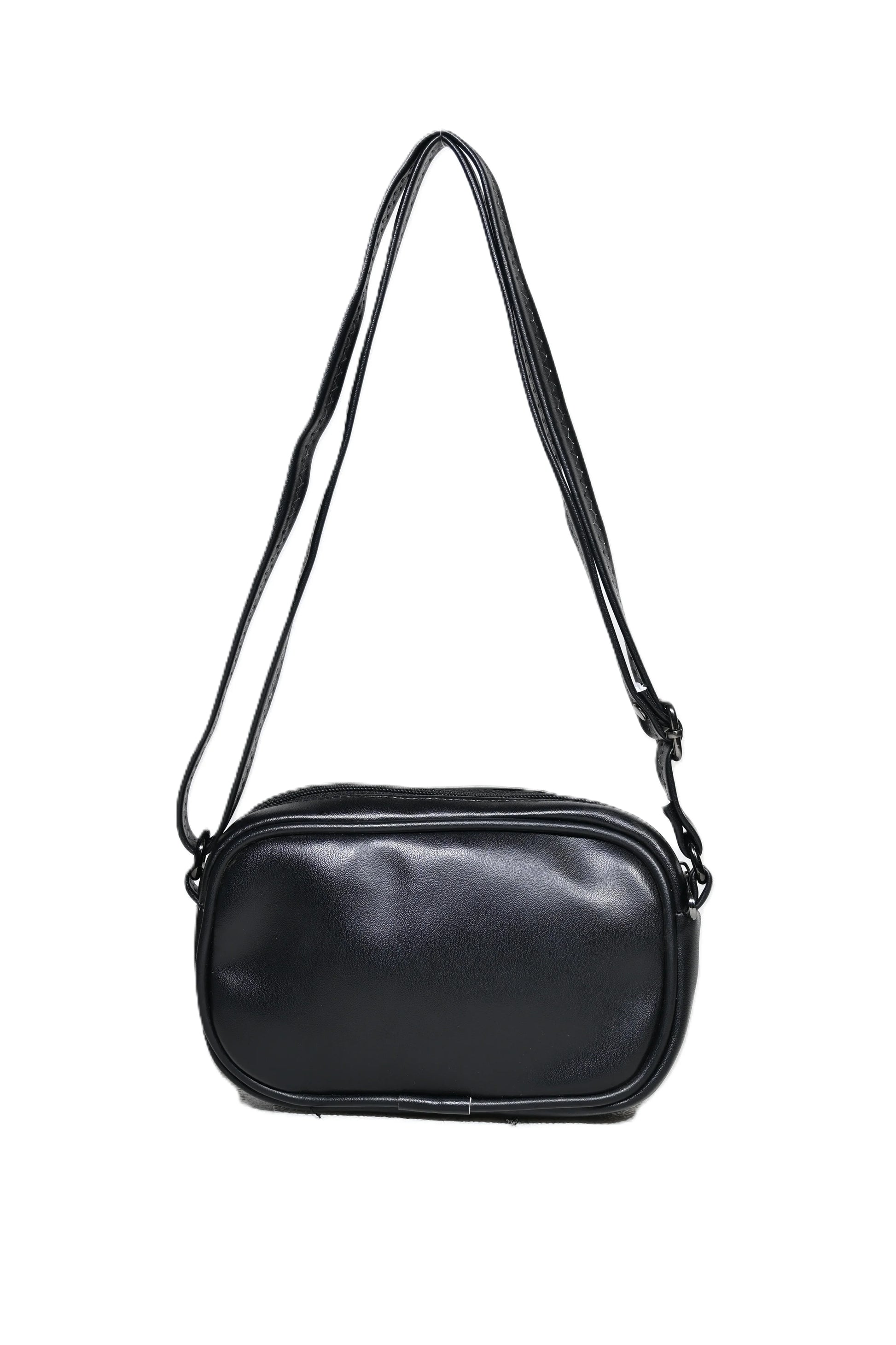 Black leather shoulder bag with double strap on white background