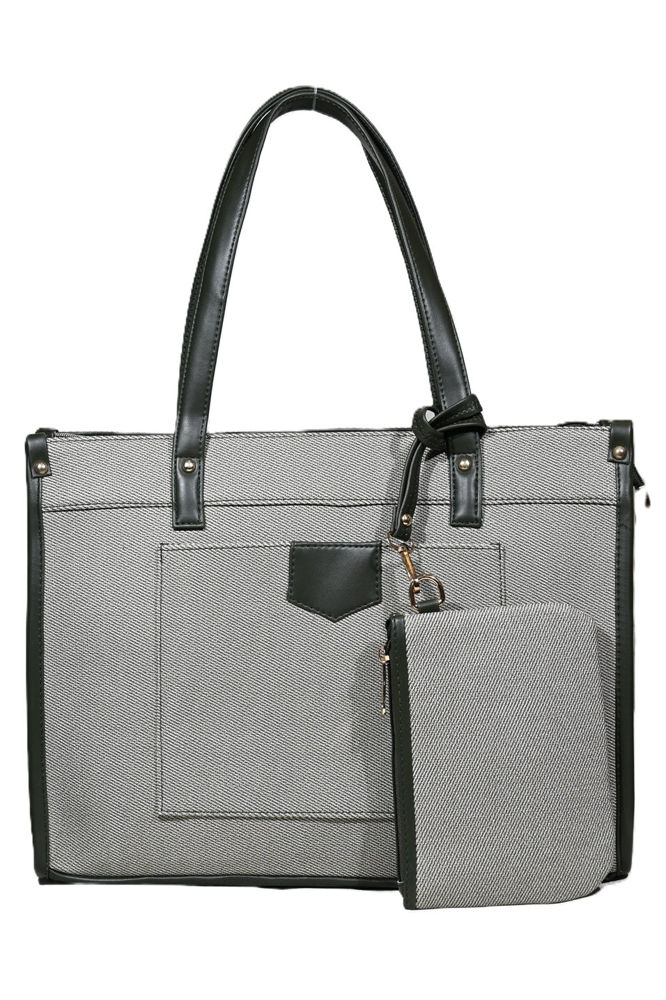 Gray structured handbag with black leather trim and matching wallet on a wooden surface