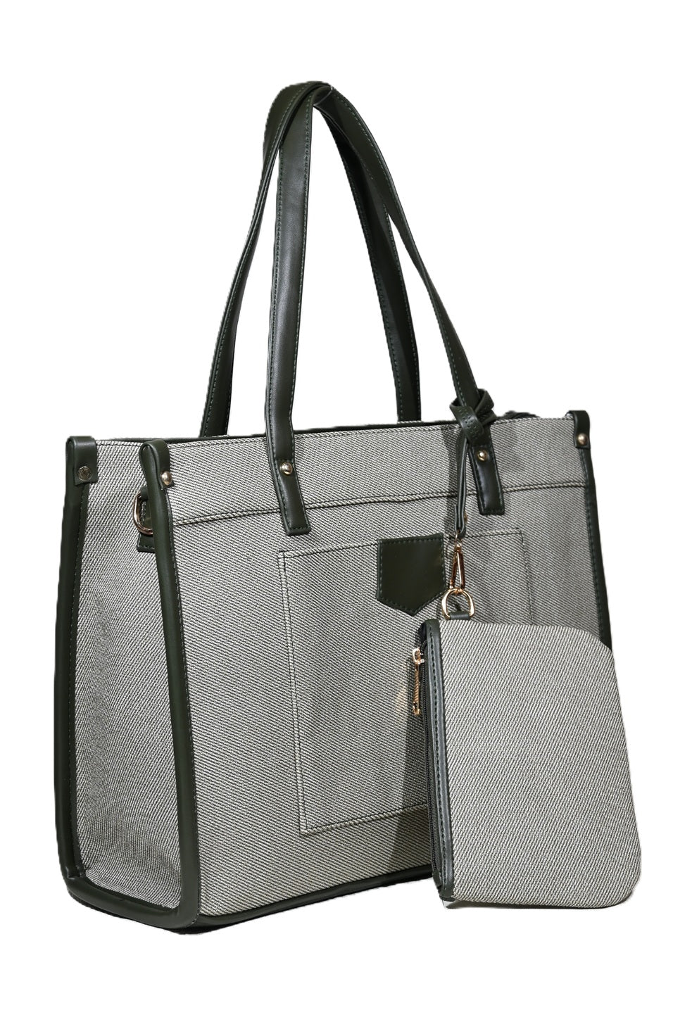 Gray structured handbag with black leather trim and matching wallet on a wooden surface