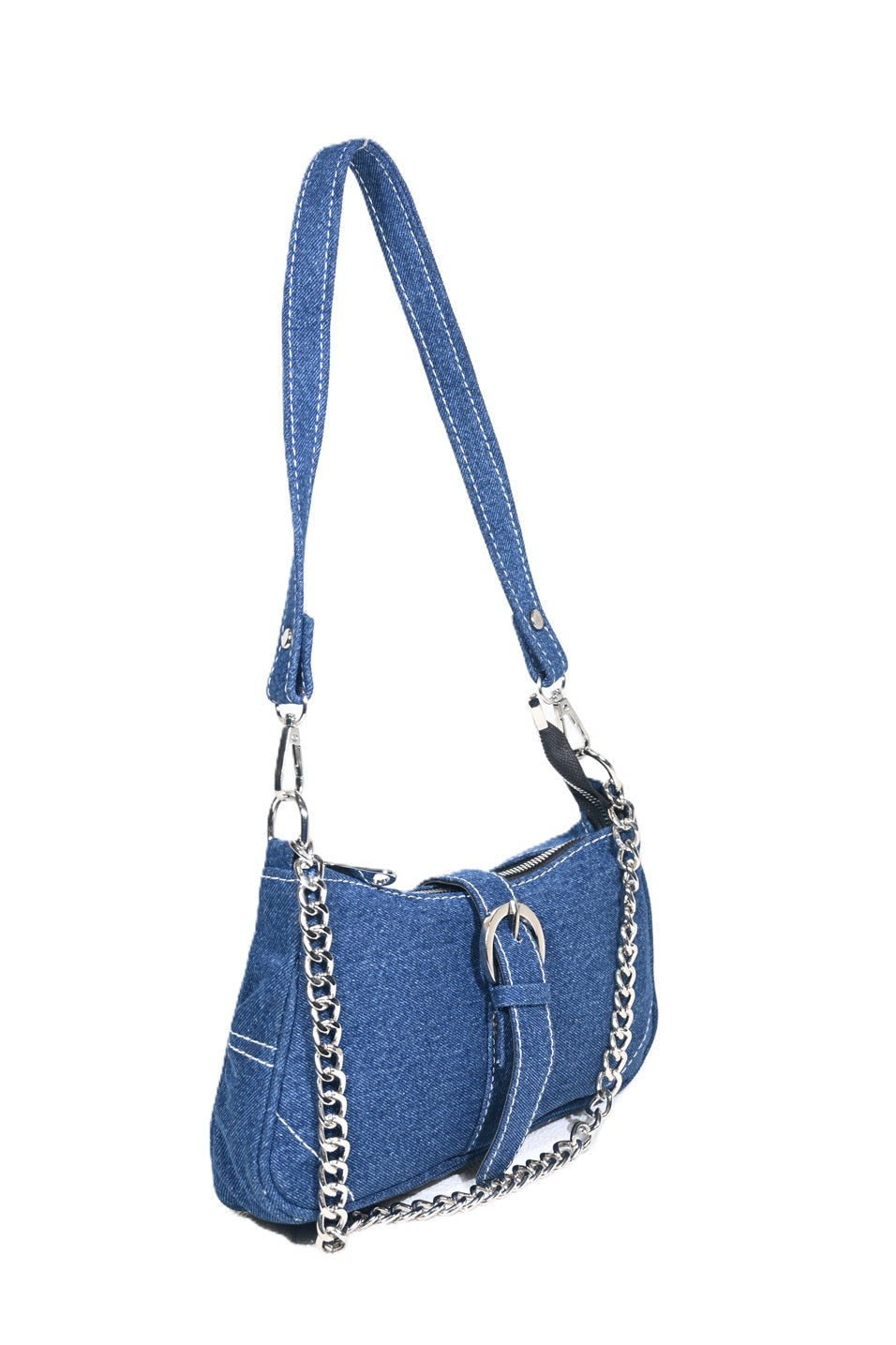 Blue denim shoulder handbag with chain strap and silver buckle on white background