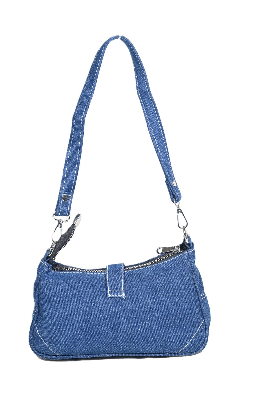 Blue denim shoulder bag with zipper closure and white stitching on white background