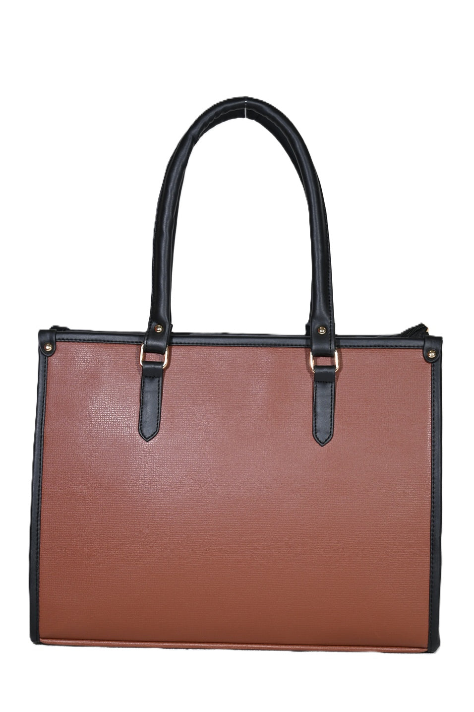 Brown leather tote handbag with black handles and trim, minimalist design, isolated on white