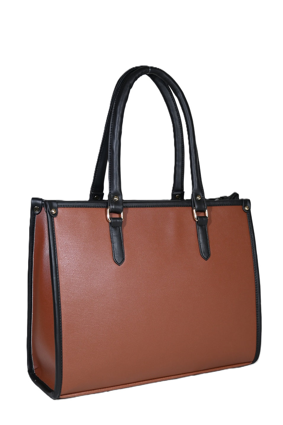 Brown leather handbag with black handles and trim, structured tote style