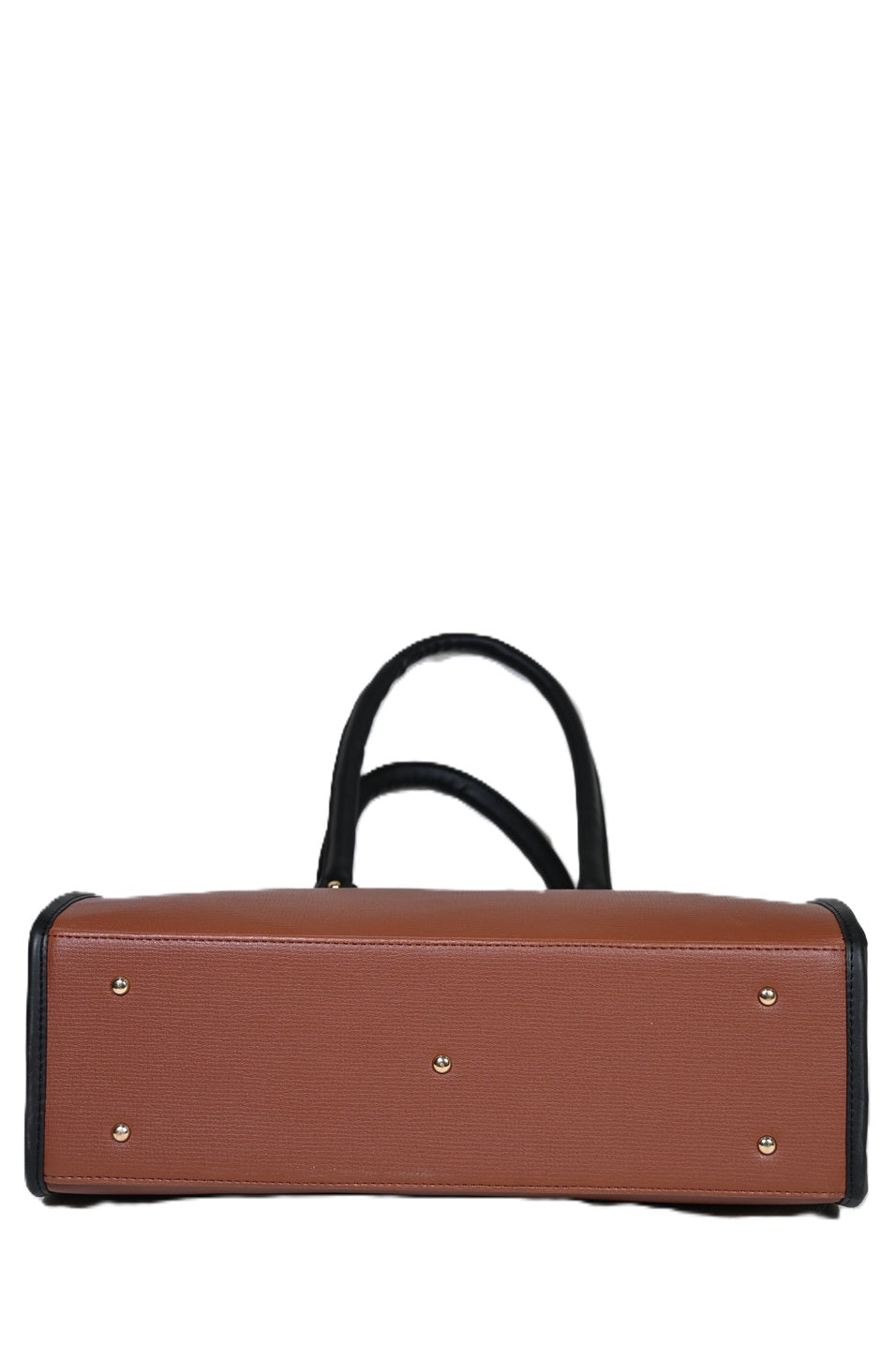 Bottom view of brown leather handbag with black trim and gold feet, stylish and durable