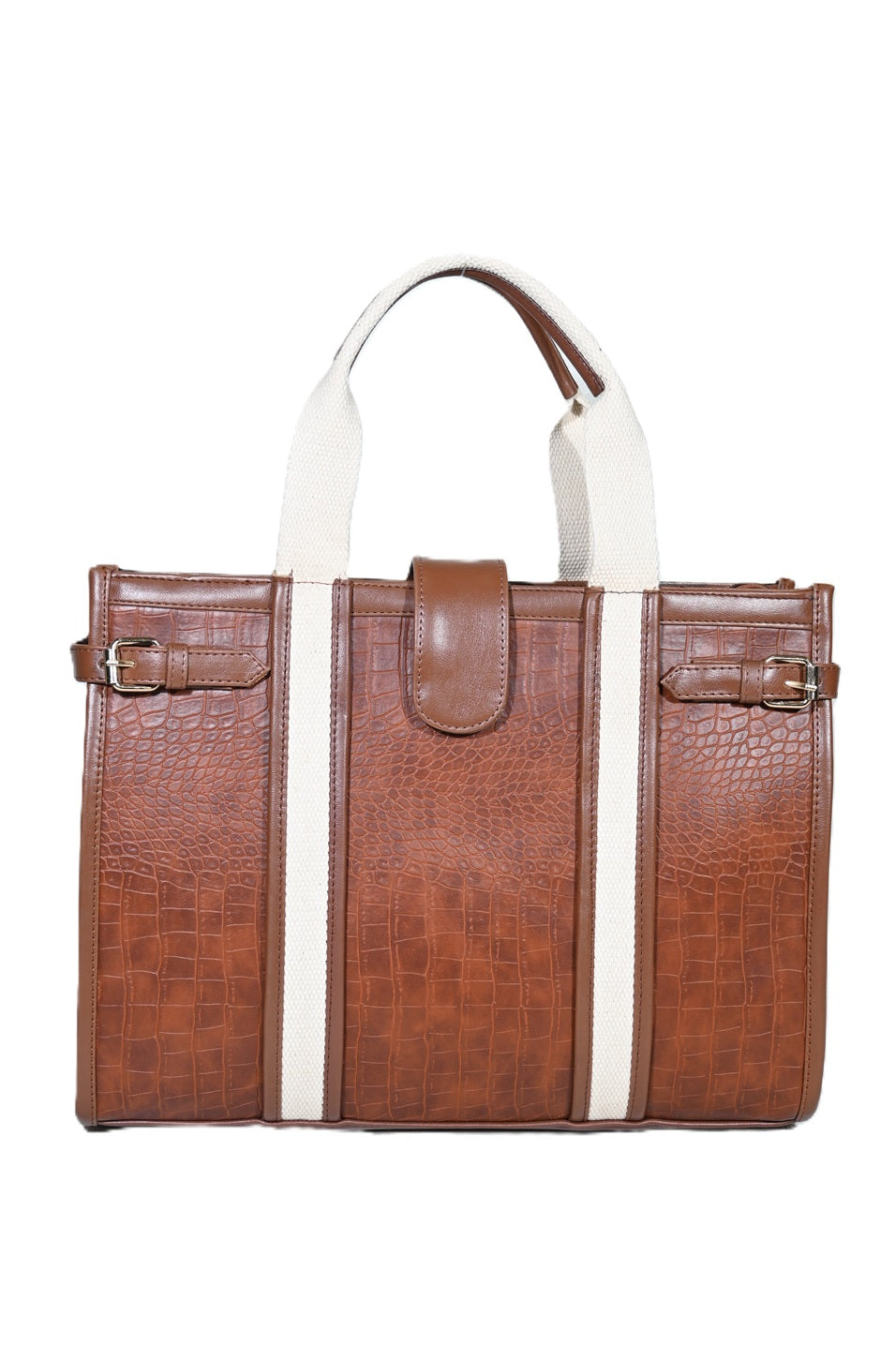 Brown crocodile-embossed leather handbag with white canvas handles and buckle accents