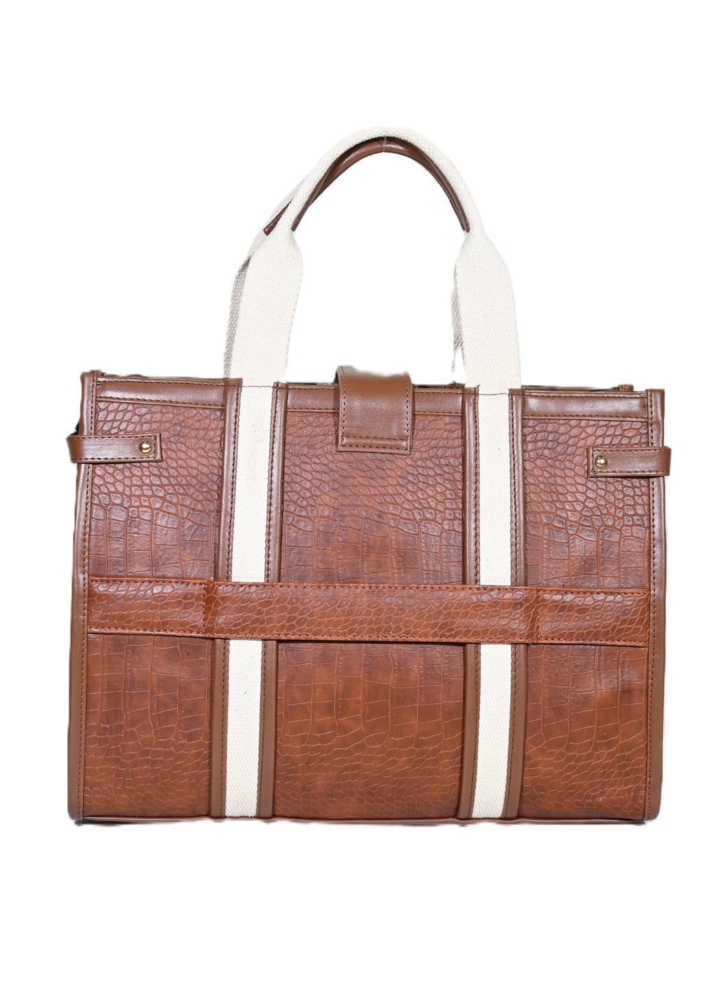Brown crocodile-embossed leather handbag with white canvas handles, front view, isolated