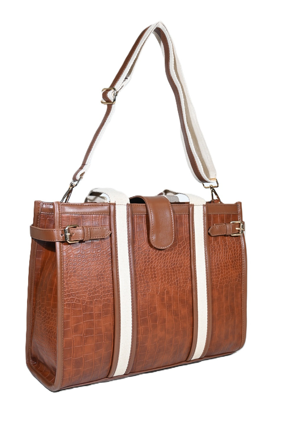 Brown crocodile-embossed leather handbag with beige straps and gold hardware on white background