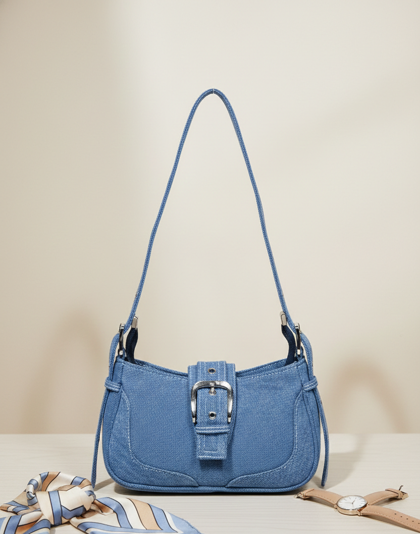 Blue denim shoulder bag with silver buckle, staged on a table with a scarf and watch.