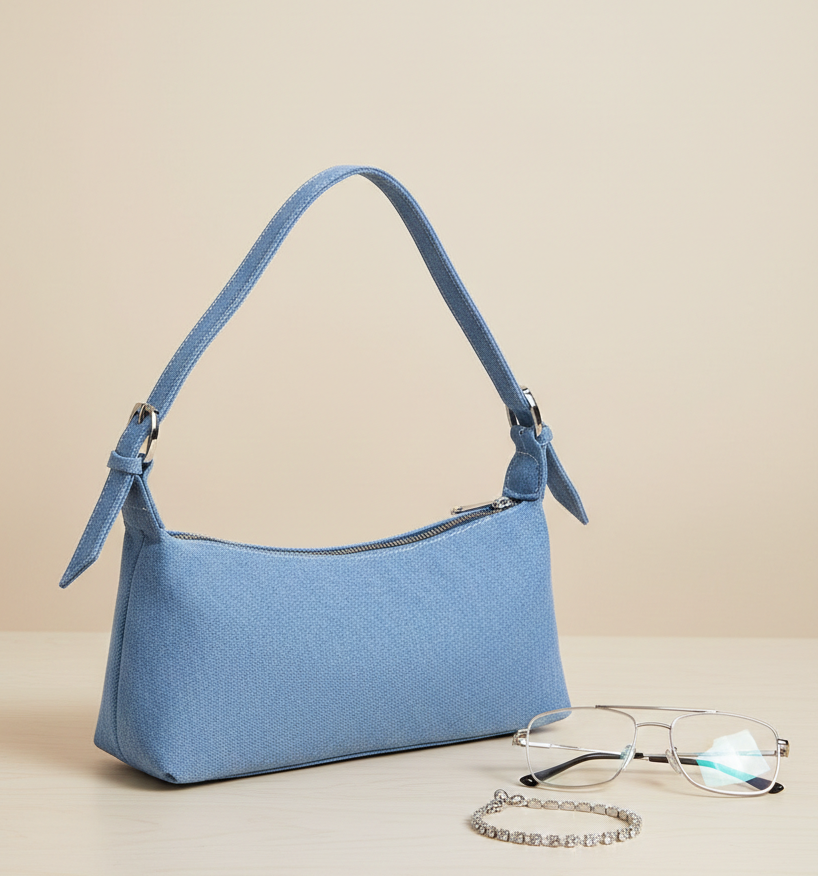 Light blue handbag with silver zipper, eyeglasses, and bracelet on beige background
