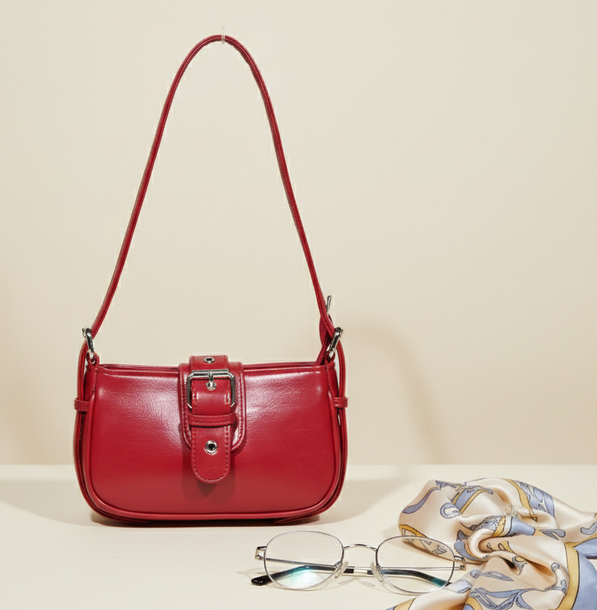 Red leather handbag with a buckle strap, displayed with glasses and a silk scarf