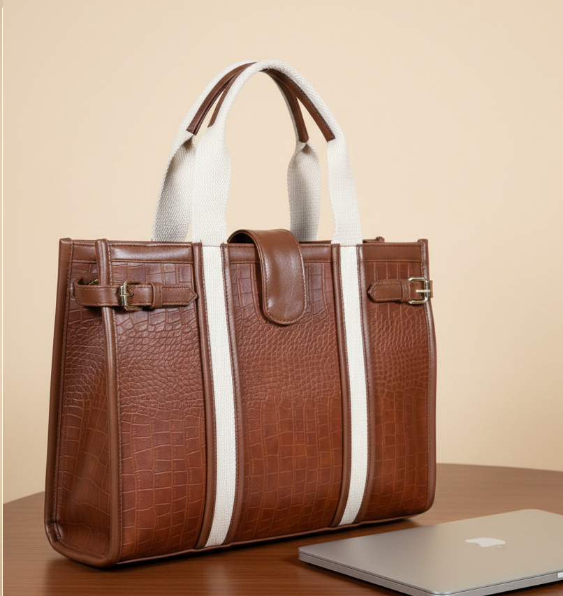 Brown crocodile-embossed leather handbag with white canvas handles on a desk beside a laptop