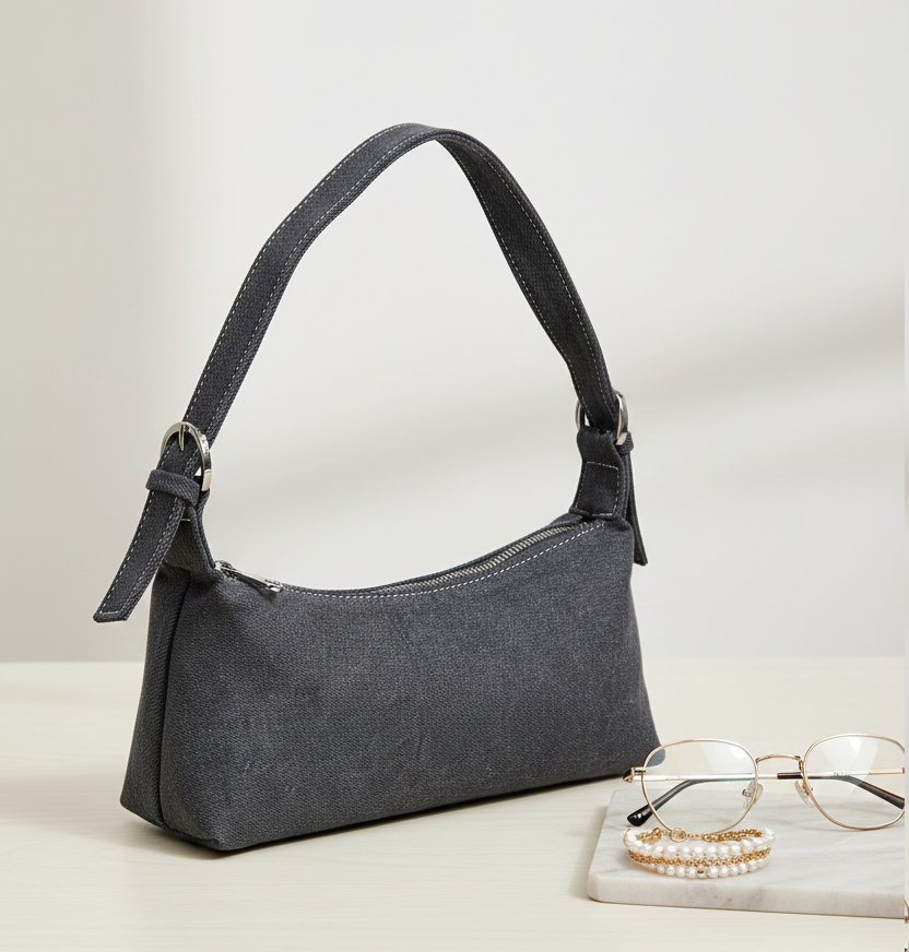 Minimalist black shoulder bag with silver hardware on a table, next to glasses and pearl bracelets