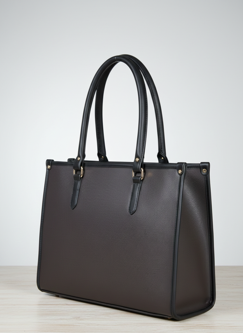 Elegant brown leather handbag with black handles and gold accents on a light wood surface