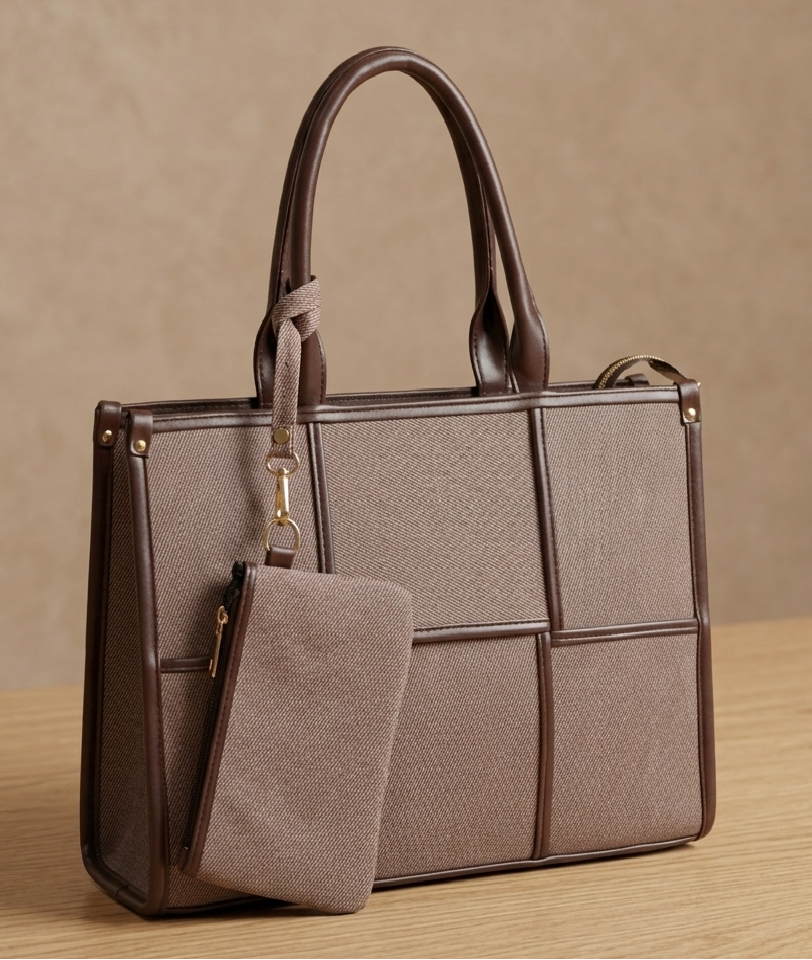 Elegant brown tote handbag with textured panels and detachable pouch on wooden surface