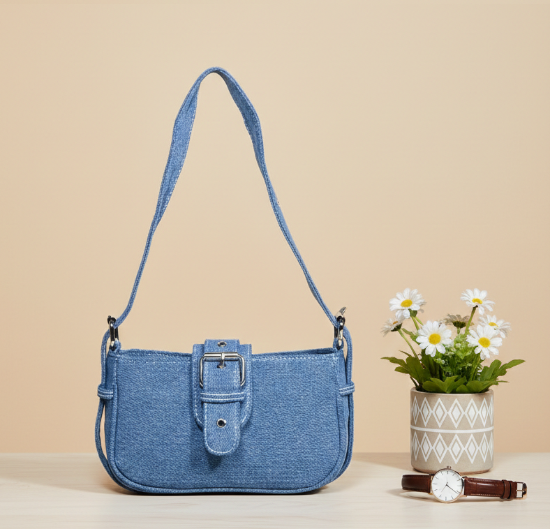 Blue denim handbag with buckle, beside white daisy flowers and a wristwatch on a table