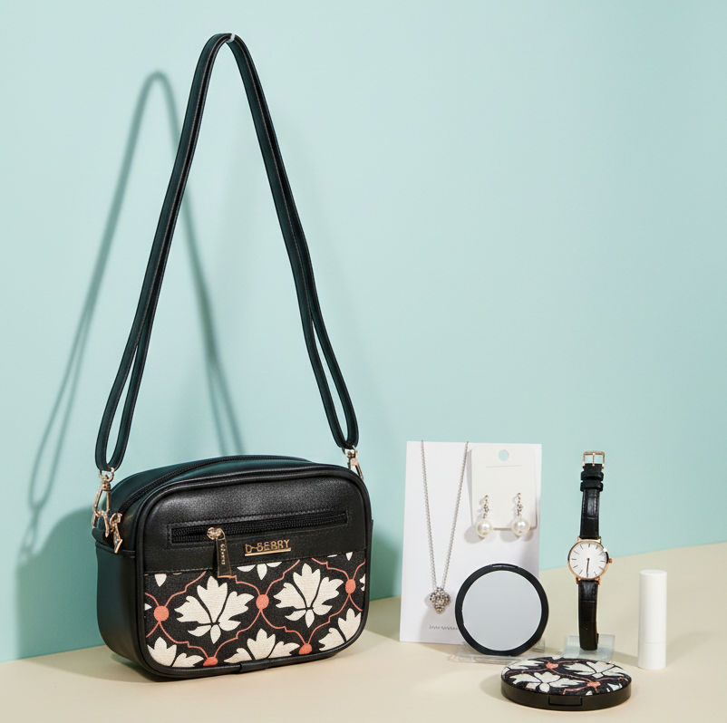 Black floral sling purse for women