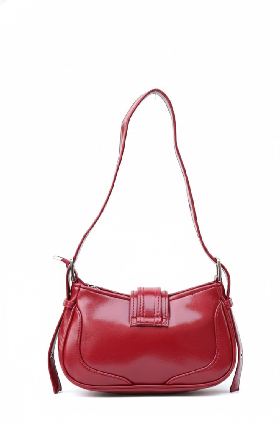 Red leather handbag with shoulder strap on white background, elegant and stylish accessory
