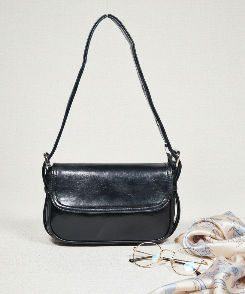 Black glossy flap shoulder bag