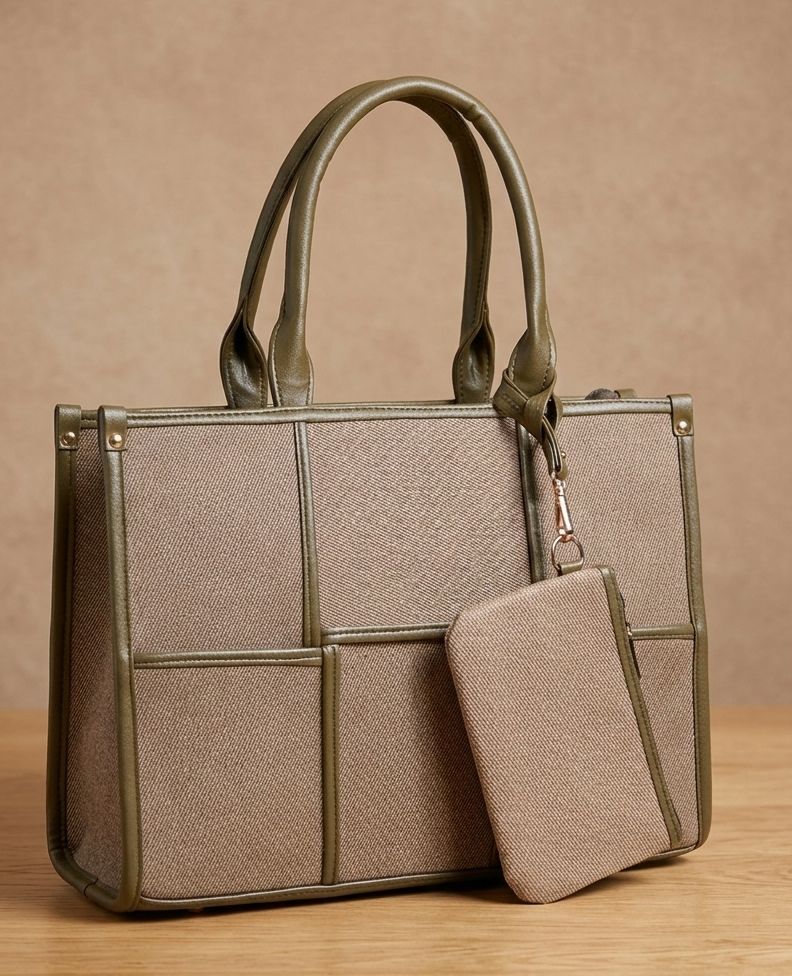 Taupe structured handbag with matching pouch, leather handles, and minimalist design on table