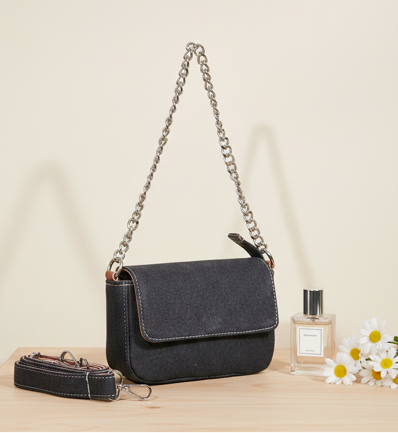 Black shoulder bag with chain strap, detachable leather strap, perfume, and daisies on table