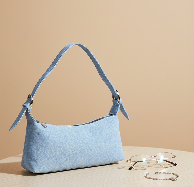 Light blue shoulder handbag with minimalist design beside eyeglasses on wooden table