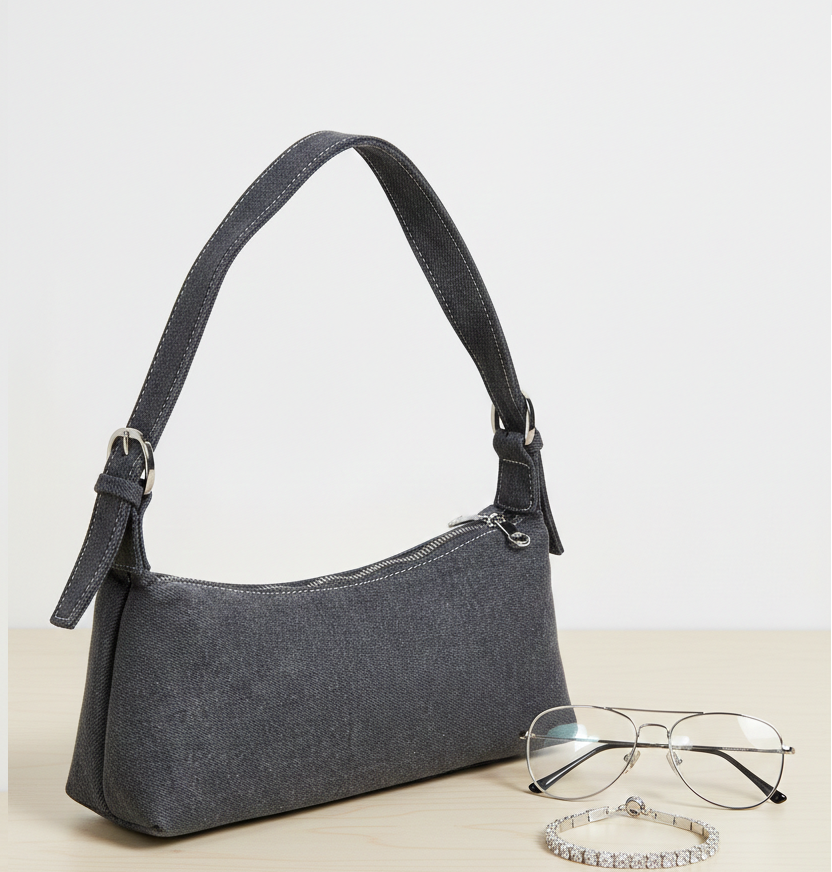 Black denim handbag with silver zipper, aviator glasses, and rhinestone bracelet on table