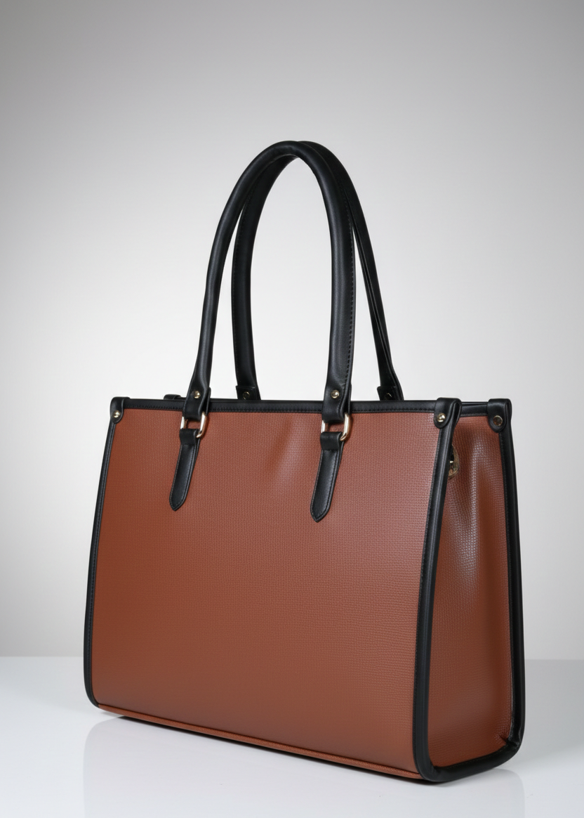 Brown leather handbag with black handles and trim on white background