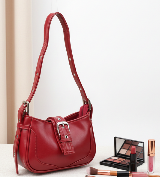 Red leather shoulder handbag with buckle, makeup palette, lipstick, and brushes on table