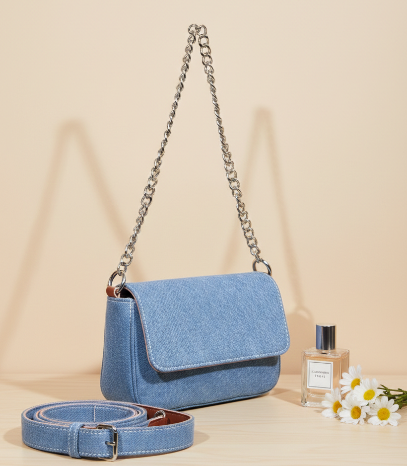 Light blue denim handbag with a silver chain strap, extra belt, beside perfume and daisies