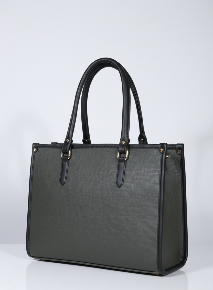 Elegant olive green structured handbag with black leather handles and gold hardware