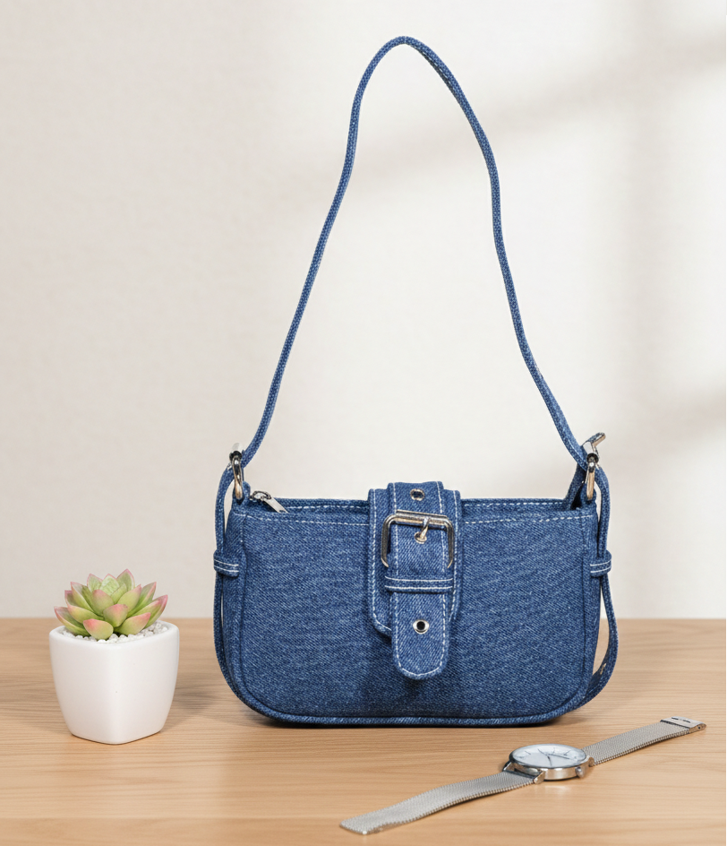 Blue denim handbag with buckle detail on a wooden table, next to a succulent and wristwatch