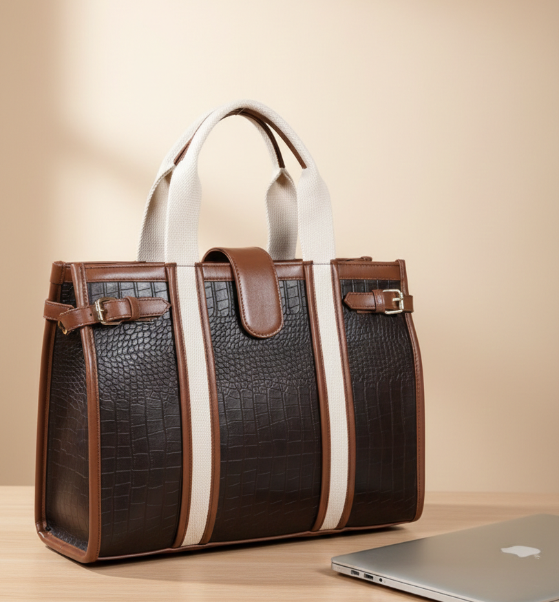 Elegant brown textured leather handbag with beige straps on a wooden desk near a laptop