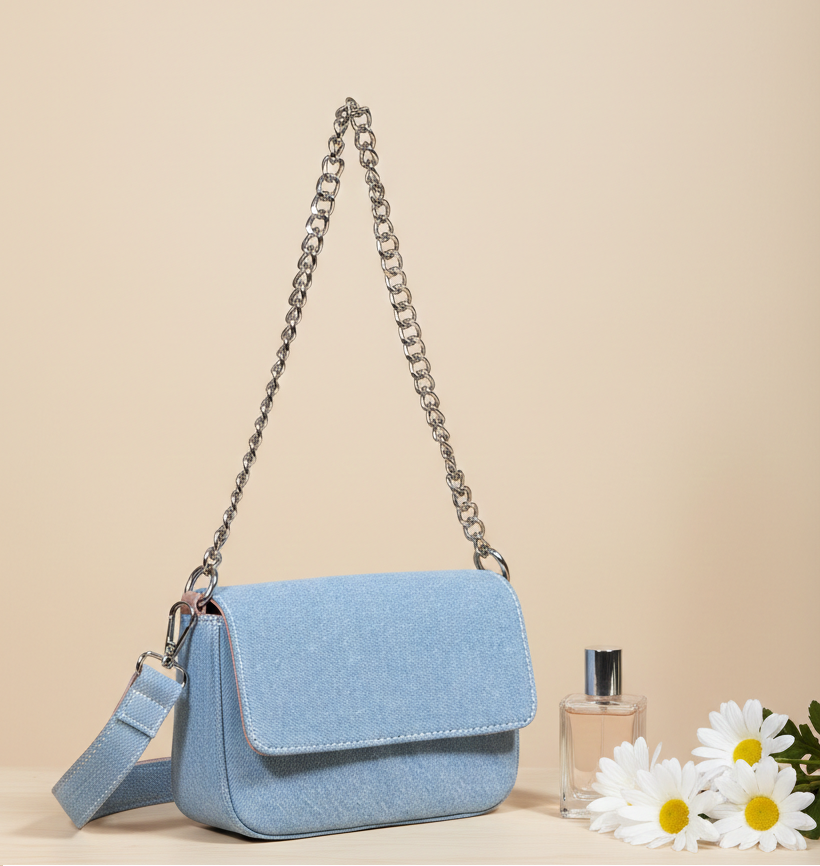 Light blue denim handbag with chain strap, perfume bottle and white daisies on beige background
