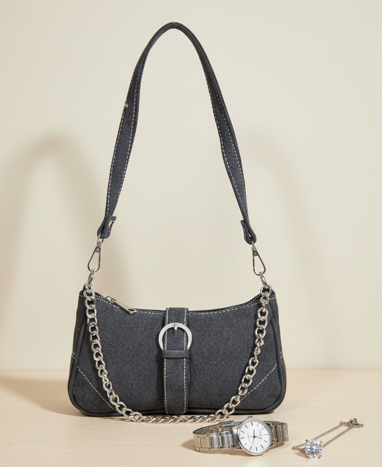 Black denim handbag with silver chain, silver wristwatch, and pendant necklace on table