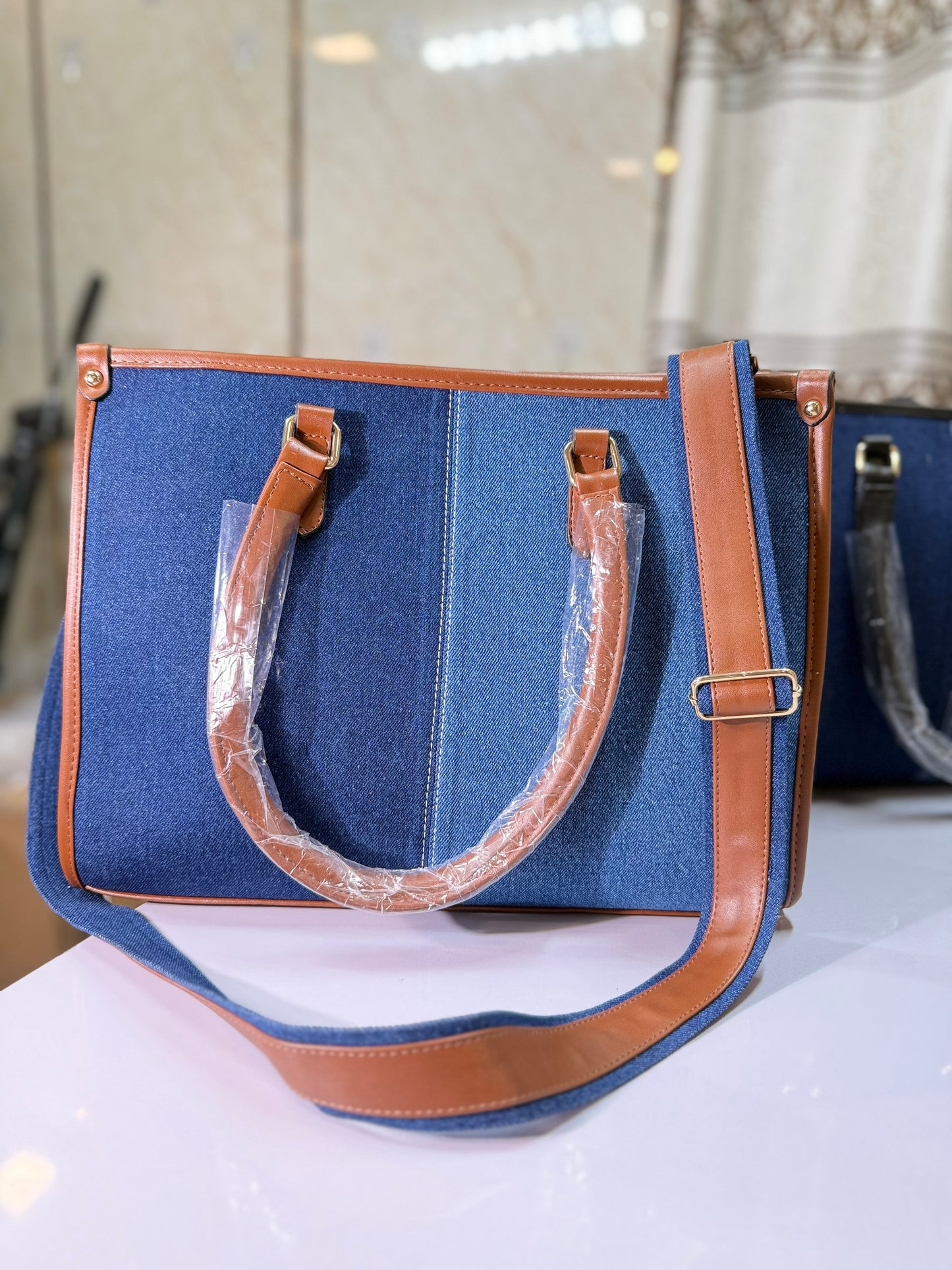 Two toned denim luxe tote