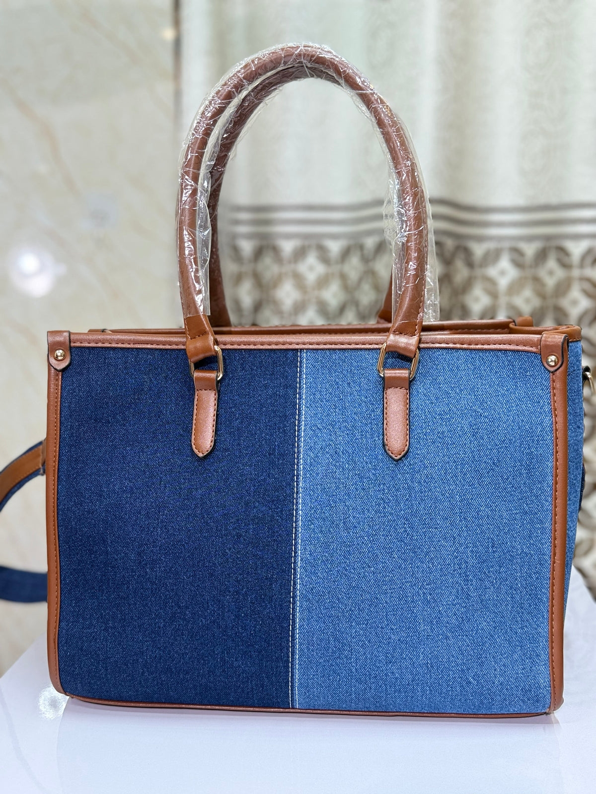 Two toned denim luxe tote