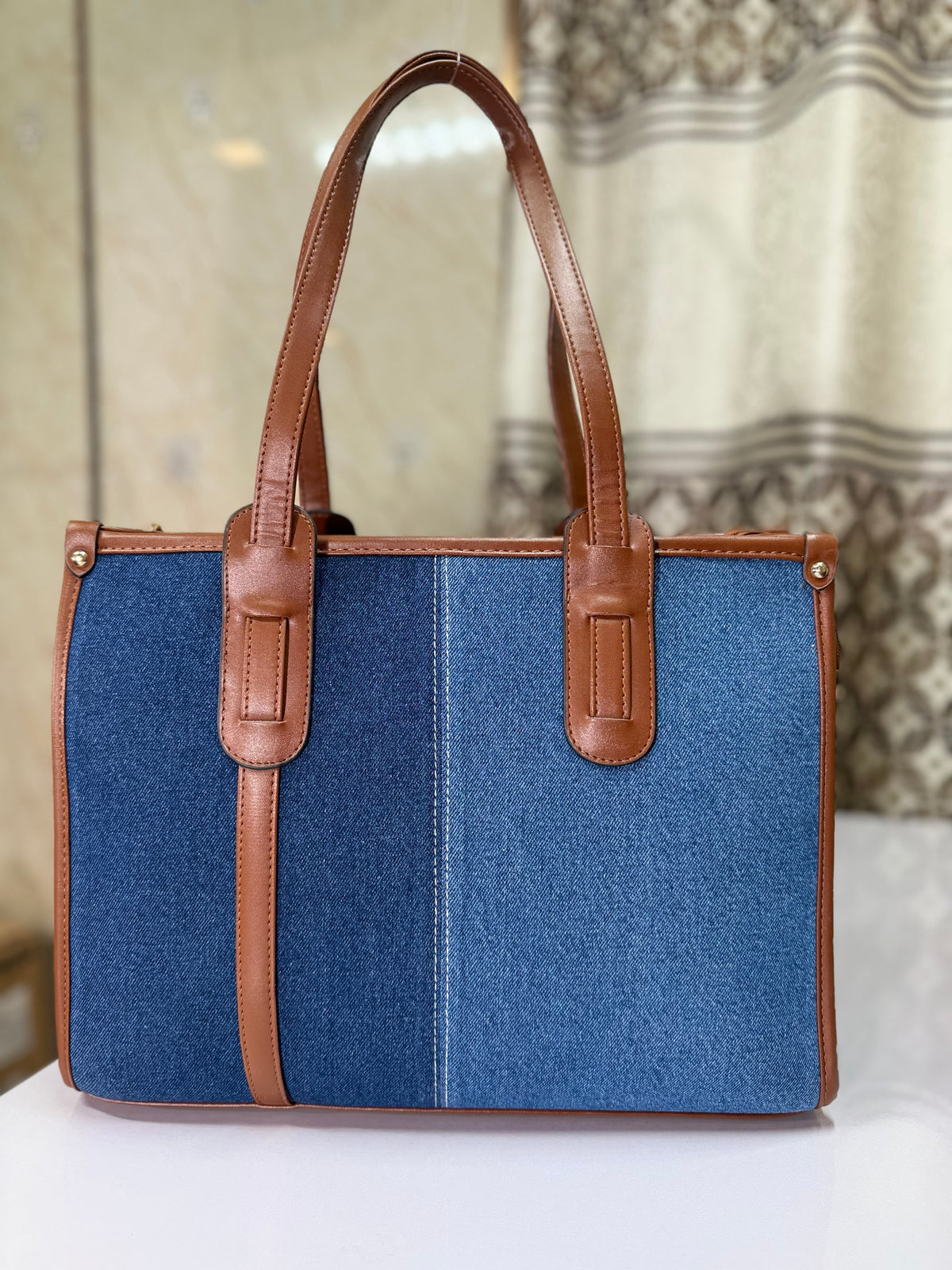 Dual tone office denim tote bag