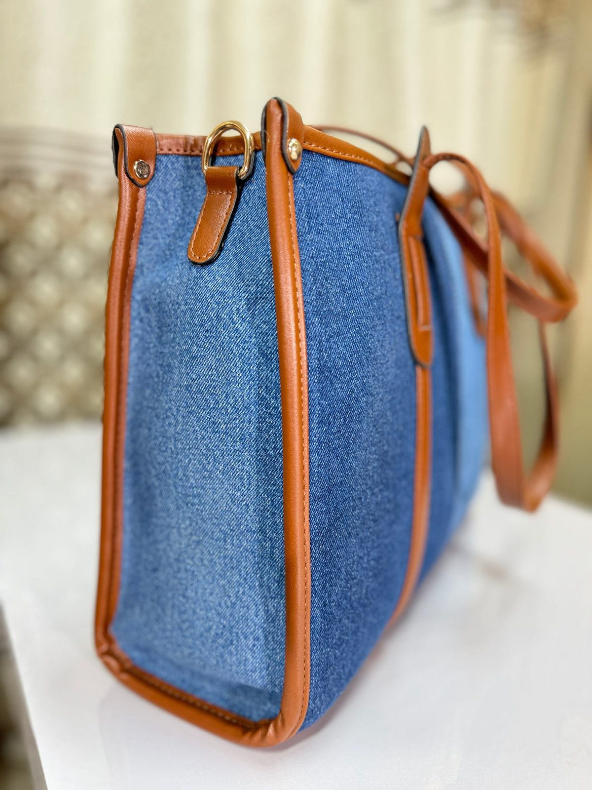 Dual tone office denim tote bag