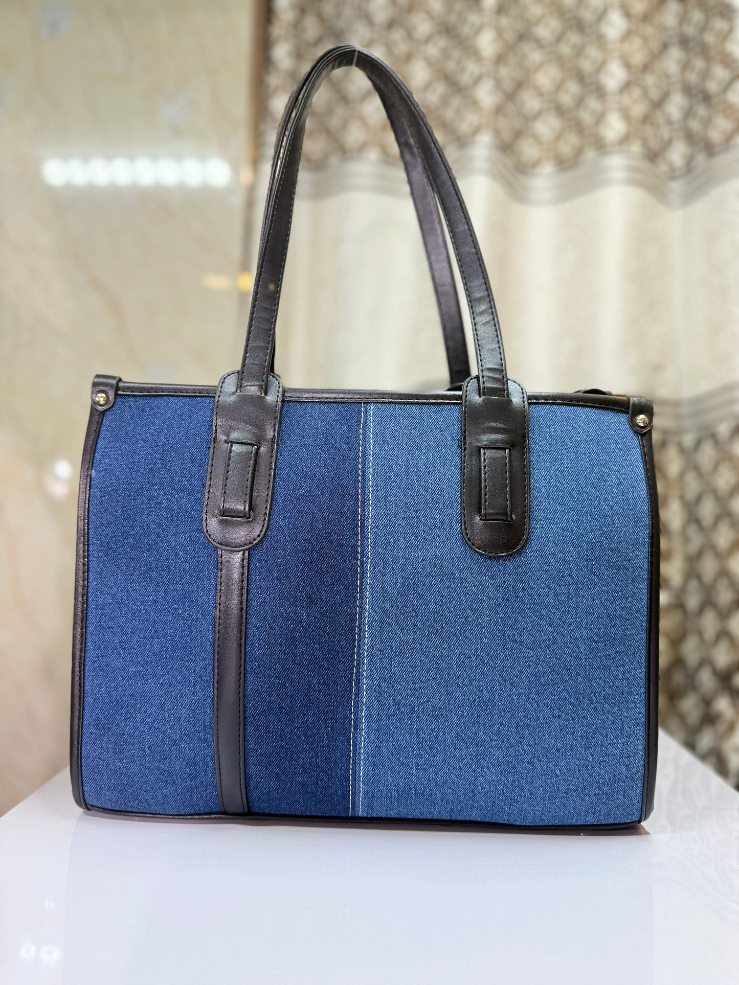 Dual tone office denim tote bag